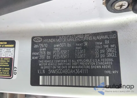 2010 Hyundai Santa Fe Gls z USA, uszkodzony, nr VIN 5NMSGDAB0AH364111